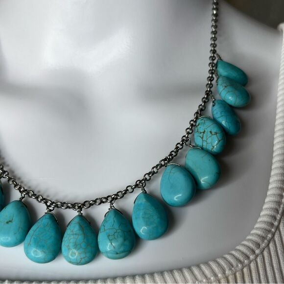 Fashion Statement Necklace & Earring Set Stone Turquoise and Silver - Picture 1 of 6